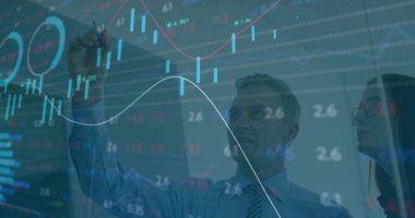 Businessman drawing trend line on digital display with stylus in meeting room colleague observing. Technology, finance, collaboration, innovation, analytics, corporate, futuristic