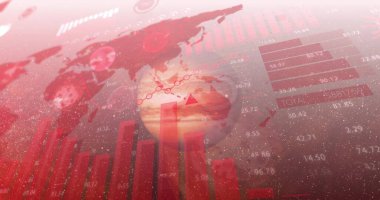 Displaying dashboard showing world map overlay, globe, red bars, line graph markers, data labels. Data, visualization, analytics, dashboard, infographic, technology, statistics