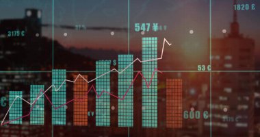 Financial chart showing teal orange bars white magenta lines over dusk skyline, with grid . Data visualization, financial analytics, urban skyline, business intelligence, investment charts, modern design, technology