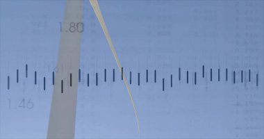Showing wind turbine blade curving near tower segment at wind farm, with scale ticks and labels. Renewable, infrastructure, technology, engineering, sustainability, precision, modern