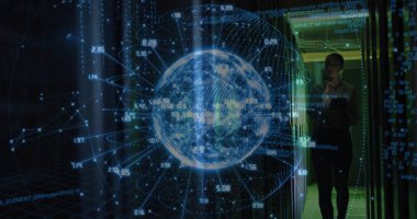 IT specialist examining holographic Earth globe in server room, with numeric data overlay. Futuristic, technology, innovation, digital, data, network, cybersecurity