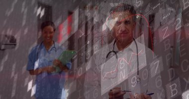 Doctor in lab coat and nurse in scrubs analyzing chart in hospital hallway, with digital overlays. Medical, healthcare, technology, innovation, professionalism, collaboration, digital
