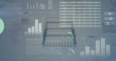 Sanal gösterge panelinin ortasında, bar çizelgeleri, tabloları ve% göstergeleriyle kablo şeması gösteriliyor. Fütürist, gösterge paneli, veri görselleştirme, yüksek teknoloji, arayüz, analiz, dijital