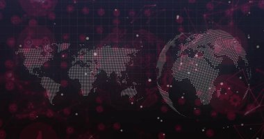 Sağ tarafta dönen 3 boyutlu dünya haritası, ızgara kaplamalı ve teknik simgeli dünya haritasını gösteriyor, uzayı kopyala. Coğrafi, dijital, fütüristik, bağlantı, sanal, siber uzay, ağ