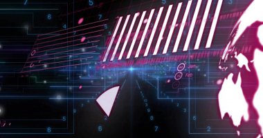 Parlayan ızgarada dijital arayüz gösteriliyor, bar çizgileri, üçgen ve pembe küre ile. Teknoloji, yenilik, analitik, ağ, siber güvenlik, veri, arayüz