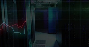 Sunucu rafları ile çevrili veri merkezi koridoru sunuluyor, soğutma menfezleri ve çizgi grafik örtüsüyle. Teknoloji, altyapı, siber güvenlik, dijital, veri, ağ oluşturma, modern