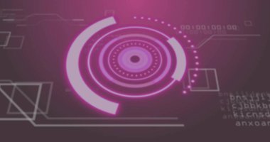 Yüzükler, modüller ve ikili kodlarla dijital gradyan ortamda merkezi HUD arayüzü canlandırılıyor. Fütürist, teknoloji, kullanıcı arayüzü, bilim kurgu, dijital tasarım, yenilik, siber