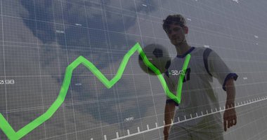 Controlling athlete in jersey balancing soccer ball on soccer field, with grid and green line graph. Athlete, sports, data visualization, performance, analytics, innovation, fitness