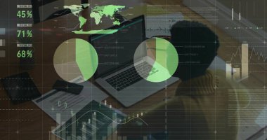 Data analyst in mustard sweater analyzing overlays on laptop, tablet, phone at desk, copy space. Professional, technology, analytics, finance, office, modern, digital