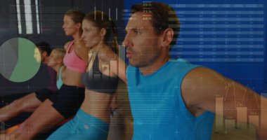 Demonstrating wall squat instructor in gym guiding group with padded wall and AR data, copy space. Training, biomechanics, data visualization, wellness, strength, motivation, digital