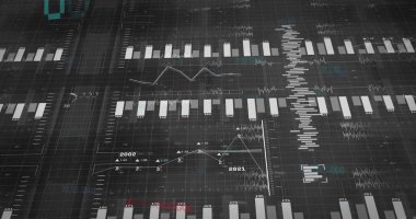 Animating data flowing across dashboard on office monitor, with white bar charts and red highlights. Analytics, dashboard, modern, technology, insights, visualization, interface