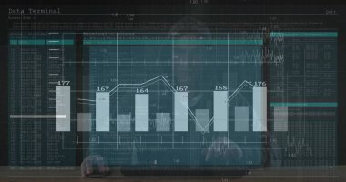 Adult male reviewing code terminal text on transparent digital display at workspace with bar chart. Technology, data, analytics, innovation, modern, professional, minimalist