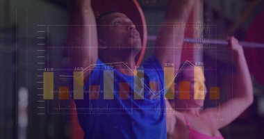 Pulling workout partners grasping lat pulldown machine bar in gym, with analytics overlay. Fitness, training, strength, synergy, performance, wellness, technology