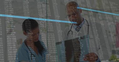 Reviewing medical duo analyzing tablet code overlay at hospital nurse station, with stethoscopes. Healthcare, collaboration, technology, professionalism, diagnostics, medicalrecords, teamwork