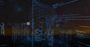 Sanal laboratuarda, üzerinde yüzen kod parçacıklarıyla birlikte dönen üç boyutlu DNA sarmalı. Fütürist, dijital, dolambaçlı, sibernetik, teknolojik, bilimsel, soyut