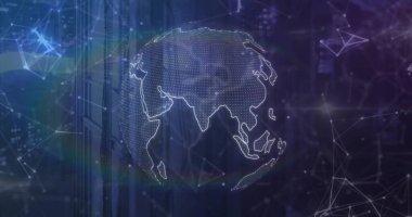 Asya 'yı ağ arkaplanında yüzen düğümler ve kablolar ile gösteren beyaz ağ küresi gösteriliyor. Teknoloji, bağlantı, yenilik, dijital, fütüristik, küresel, ağ