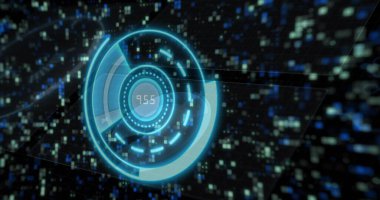 Dijital ızgarada yüzen mavi hologram arayüzü, piksel blokları ve 955 çıktısı yansıtılıyor. Fütüristik, teknoloji, dijital, arayüz, veri görselleştirme, siber, donanımlı