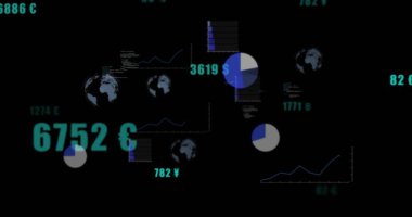 Ekranda, grafikler ve para birimi sembolleriyle ölçümleri gösteren karanlık mod paneli gösteriliyor. Gelecekçi, analitik, veri görselleştirme, finans, teknoloji, arayüz, gösterge paneli
