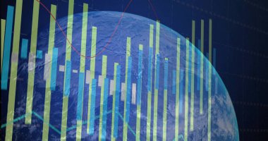 Koyu şebeke arkaplanı üzerinde kırmızı trend çizgisi olan çubuk sütunlarını gösteren 3 boyutlu Dünya küresi gösteriliyor. Fütüristik, veri görselleştirme, teknoloji, analitik, dijital, boşluk, grafik