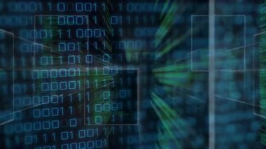 Işıldayan çerçeveli kamera sürüş tüneli, parlayan ikililer ve içeri doğru akan yeşil kod izleyicisi. Fütüristik, siber uzay, teknoloji, dijital, hareket, sürükleyici, soyut