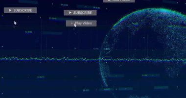 Mavi UI 'yi yüzen veri noktalarıyla gösteriyor, nokta matris küresi sosyal dönüşler, medya uyarıları yörüngede. Teknoloji, veri görselleştirme, bağlantı, dijital arayüz, ağ oluşturma, yenilik, siber güvenlik