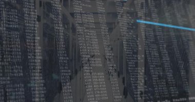 Hata günlükleri alındığında, tarama çizgisi renklendirme hatalarını gösteren 3D sunucu rafları. Teknoloji, siber güvenlik, veri analizi, dijital altyapı, ağ güvenliği, gelecekçi, endüstriyel tasarım