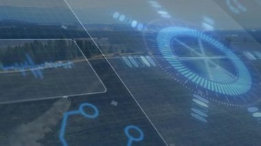 Animasyon HUD zayıflıyor, gösterge nabzı atarken traktör verileri izlemek için toz kaldırıyor. Doğruluk, otomasyon, teknoloji, yenilik, tarım, hava, analitik