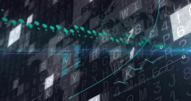 Yeşil noktalı patika haritaları süpürürken alfanumerik şebeke kayıyor, verileri görüntüleyen tepelerin grafiğini çiziyor. Siber uzay, veri, analitik, teknoloji, yenilik, dijital, fütürist