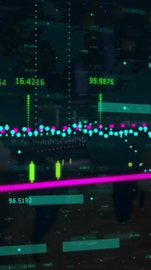 Siyah zemin üzerinde istatistik çizelgeleri ve veri işleme animasyonları. İstatistik, bilgisayar, teknoloji, iletişim ve veri işleme kavramı dijital olarak oluşturulmuş video.