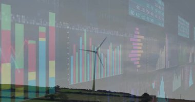 Silüet rüzgar türbininin açılışı, çizelgeler canlandırma, dönen bıçaklar, enerji ölçümleri. Yenilenebilir, sürdürülebilirlik, veri görselleştirme, analitik, endüstri, teknoloji, çevre