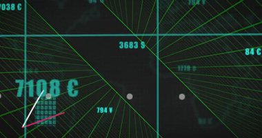 Şebeke başlangıç para birimi etiketleri yüzüyor, çubuklar yükseliyor ve piyasa değişimlerini gösteren çizgiler örülüyor. Finansal, veri, görselleştirme, analitik, dijital, modern, teknoloji