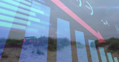 Kumulların üzerinde gösterge paneli göründükten sonra, finans çubukları titreşiyor ve alçalan kırmızı ok düşüşü gösteriyor. Analizler, büyüme, düşüş, hava durumu, manzara, teknoloji, fütürizm