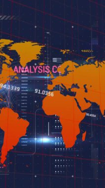 Veri işleme ile arayüzün animasyonu ve mavi arkaplan ile ışık noktası. Bilgisayar arayüzü ve iş teknolojisi kavramı