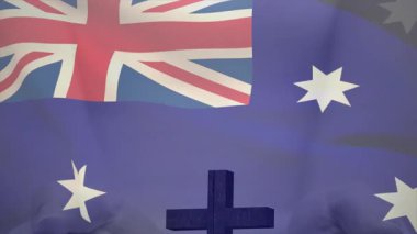 Rüzgâr dalgalanan bayrak Union Jack ve Southern Cross 'u gösterirken anıt çapraz demirleme merkezi. Anıt, vatanseverlik, merasim, sembolik, açık hava, ciddiyet, bağlılık