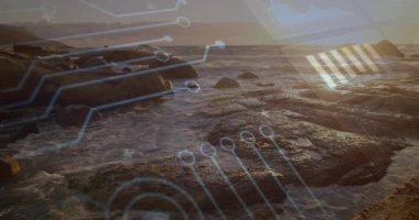 Günbatımı banyolu kayalık kıyıların başlangıç devresi grafikleri zayıflıyor ve veri uyumunu göstererek titreşiyor. Deniz manzarası, teknoloji, doğa, fütüristik, görselleştirme, kıyı, dijital alarm