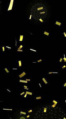 Siyah arka plandaki şekillerin üzerinde konfeti animasyonu. Yeni yıl, parti ve kutlama konsepti dijital olarak oluşturuldu.