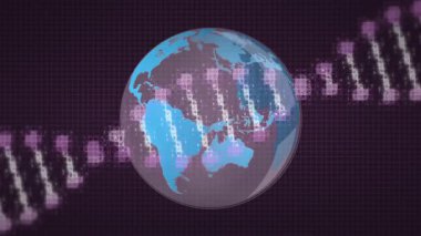 Mor şebeke, dünyayı saat yönünde döndüren piksel sarmal görüntüleme verisi olarak ortaya çıkarıyor. Fütürist, teknoloji, animasyon, dijital, soyut, veri görselleştirme, canlı