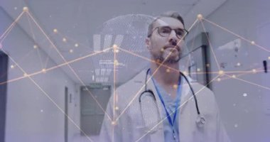 Doktor hastane koridoruna giriyor ve veri analizi için tıbbi yapay zeka ağı altında yürüyor. Profesyonel, sağlık, teknoloji, yenilik, işbirliği, fütüristik, klinik