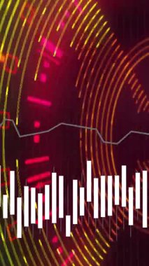 Dijital elementlerle kırmızı dairesel animasyon üzerinde ses dalgaları ve frekans çubukları. Müzik, ses, teknoloji, görselleştirici, soyut, nabız