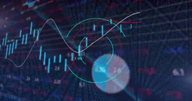 Cyan kırmızı çubuklarının başlaması, grafiği takip etmesi, HUD halkalarının dönmesi, pazar eğilimlerini göstermesi. Finansal, analitik, fütüristik, dijital, teknoloji, gösterge paneli, yenilik