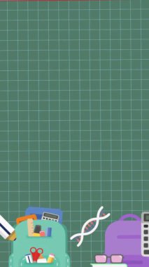 Okul çantaları ve okul simgelerinin şebeke ve yeşil arka planda hareket etmesi. Eğitim ve öğretim kavramı dijital olarak oluşturulmuş imaj.