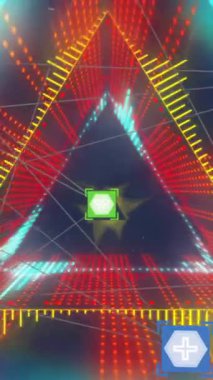 Neon tüneli üzerindeki simgelerle bağlantı ve veri işleme ağının animasyonu. Dijital olarak oluşturulmuş küresel bağlantılar, hesaplama ve veri işleme kavramı.