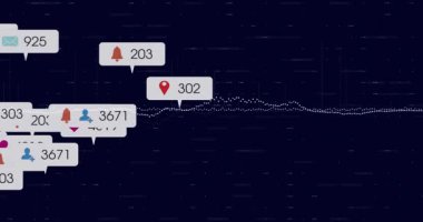 Veri baloncukları soldan kayıyor, dalga boyu kümeleniyor ve sosyal medya ölçümlerini güncelliyor. Dijital, analitik, teknoloji, arayüz, animasyon, pazarlama, veri görselleştirme