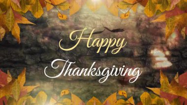 Parkta düşen yapraklarla ilgili mutlu şükran günü mesajlarının animasyonu. Şükran Günü geleneği ve dijital olarak oluşturulan kutlama konsepti.