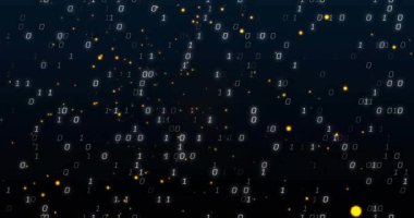 Veri akışını görselleştirmek için hareketli sarı parçacıklarla sürüklenen ikili rakamlar başlatıldığında. Teknoloji, veri, dijital, modern, soyut, siber güvenlik, yenilik