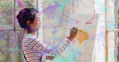 Resim öğrencisi, boyalı fırça rehberliği yapan bir atölyenin camına sarı çizgiler çiziyor. Yaratıcı, akıl hocalığı, ilham, öğrenme, sanatsal, çağdaş, anlatım