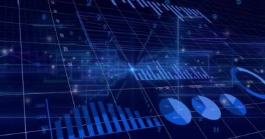 Başlangıçta 3 boyutlu veri arayüzü ızgara üzerinde çubukları, turtaları ve rakamları gösteriyor, veriyi görselleştiren parçacıklar. Fütürist, teknoloji, dijital, analitik, dalgın, soyut, holografik