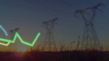 Güneşin doğuşu neon yeşil, sarı, cyan çizgileri çelik kulelerin etrafında sallanarak grafiği oluşturur. Endüstri, altyapı, enerji, teknoloji, veri görselleştirme, elektrik şebekesi, açık hava