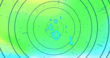 Başlangıç halkalarında, yeşil-mavi gradyan üzerinde dönen keneler, veri döngüsünü gösteren ikili basamaklar. Fütürist, hareketli, dijital, teknoloji, soyut, sürükleyici, sibernetik