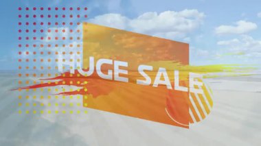 Piksel parçaları plajda titreşiyor boya darbesi oluşturuyor ve satışları destekleyen devasa satışı ortaya çıkarıyor. Dijital sanat, pazarlama, animasyon, reklam, canlı, manzaralı, dinamik